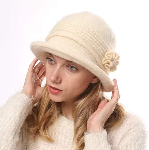 Vista 23 de C-US - Gorro de punto cálido para mujer, con visera de ganchillo con acento de flores