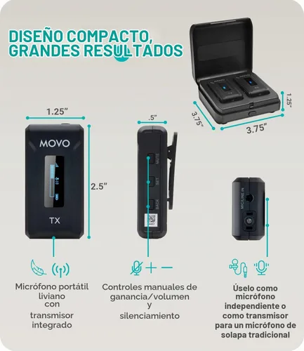 Vista 3 de Movo WMX-2 Micrófono inalámbrico para cámara con estuche de carga, micrófono Lavalier para cámaras DSLR, Vlogging, creación de contenido, cine