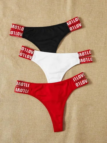 Vista 3 de GORGLITTER Conjunto de 3 calzones con cinta con estampado de letras para mujer, ropa interior de tiro bajo
