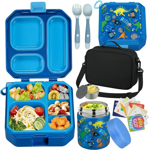 Vista 8 de wiwens - Lonchera Bento para niños con termo de sopa de 12 onzas, contenedor de comida para almuerzo a prueba de fugas con 5 compartimentos, termo