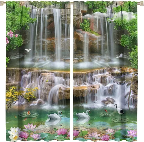 Vista 41 de Cortina opaca de bosque de verano, diseño de ramas de bosque, con bolsillo para barra, cortinas farbic con bolsillo para barra, comedor, cafetería