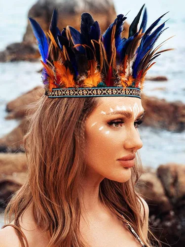 Vista 5 de Tocado de plumas de carnaval, tocado de plumas indias, diadema de corona, disfraz de Halloween, accesorios para el cabello para mujer