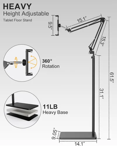 Vista 4 de Soporte de suelo para tablet con base estable de 11 libras y abrazadera de escritorio, brazo giratorio de altura ajustable, compatible con iPhone