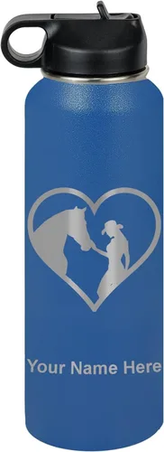 Vista 24 de LaserGram Botella de agua personalizada, corazón de vaquera de caballo, acero inoxidable de doble pared aislada al vacío con popote superior, regalo