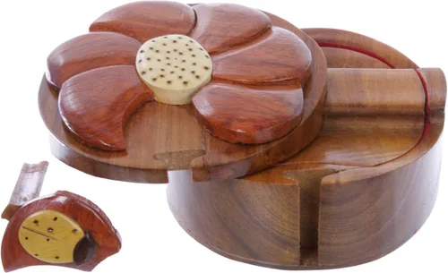 Vista 4 de Caja de rompecabezas de madera hecha a mano con diseño de flores y balizas