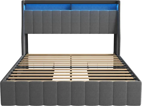 Vista 9 de HAUSHECK Base de cama Queen con cabecera de almacenamiento, 4 cajones y luces LED, cama de plataforma tapizada con cabecera de alas, marco de cama