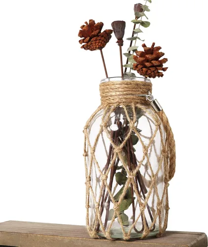 Vista 10 de Tarro náutico rústico colgante de masón, red creativa, florero de vidrio con flor seca con asa, 6.5 pulgadas