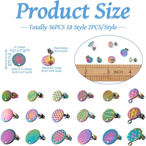 Vista 3 de Mega Pet 36 piezas de aretes de acero inoxidable 304 con bucle, colores arco iris, aretes redondos planos con parte trasera de aretes de 8/10/0.472