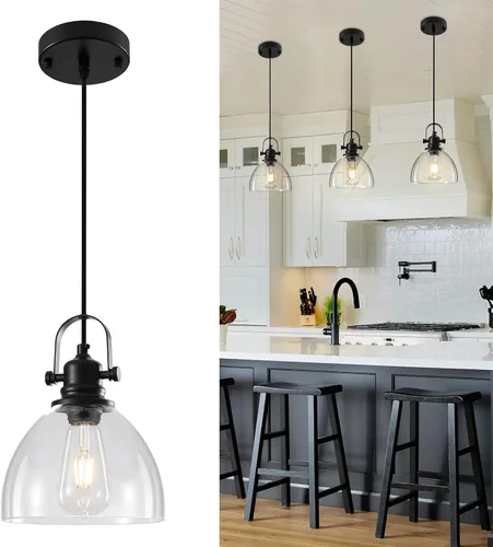 Vista 11 de Luces Colgantes de Vidrio para Isla de Cocina, 7.5 pulgadas Luces Colgantes de Vidrio Dorado 1-Paquete, Lámpara Colgante Moderna con Pantalla