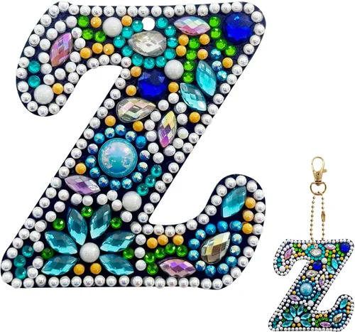 Vista 28 de YOYA Llavero de pintura de diamante de doble cara 5D, taladro completo A-Z, 26 letras de la A a la Z, kit de llaveros de arte de diamantes con gemas