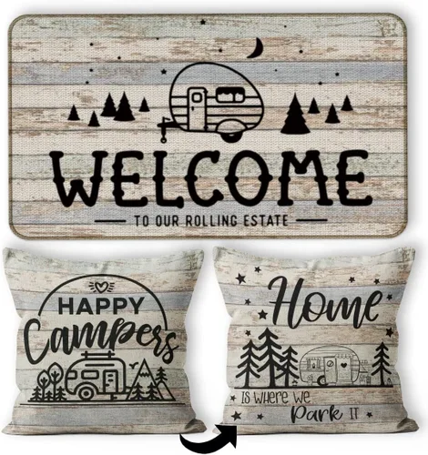 Vista 13 de Tapete para puerta de campamento, 30 x 17 pulgadas, para interiores, regalos de cámper, decoraciones de caravana, color negro, deja que la aventura