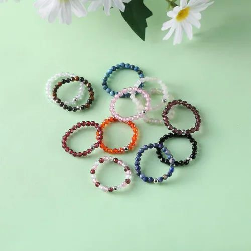 Vista 5 de Tsnamer Anillo de cuentas de cristal, piedras preciosas facetadas naturales, ojo de tigre, cuarzo rosa, amatista, minimalista, apilable, anillo