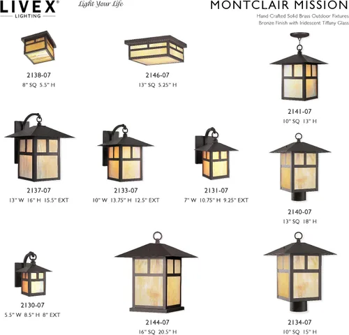 Vista 6 de Livex Lighting 2133-07 Montclair Mission - Farol de pared de latón macizo con acabado de bronce para exteriores con vidrio Tiffany iridiscente