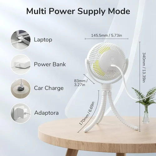 Vista 5 de JISULIFE Mini ventilador de cochecito de 4000 mAh funciona con 4 velocidades, recargable 720° giratorio, clip para asiento de bebé, cuna, carrito