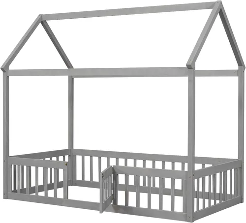 Vista 6 de Cama de casa individual para niños con barandillas de valla, marco de cama Montessori de madera tamaño individual con puerta pequeña para niños