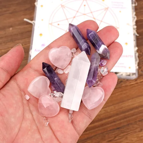Vista 7 de Raicegs Rejilla de cristal para aliviar la ansiedad, juego de cristales curativos y piedras, amatista, cuarzo rosa, cuarzo transparente, regalo