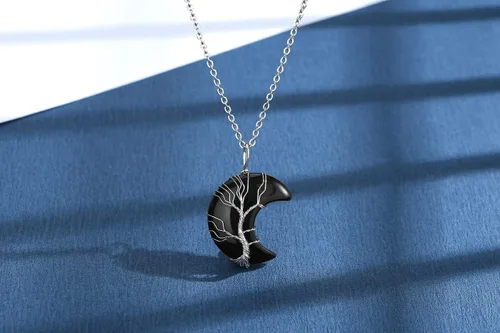 Vista 3 de MAIBAOTA Collar de cristal curativo, collar de luna creciente envuelta en alambre de árbol de vida, collar con colgante de piedra natural de reiki