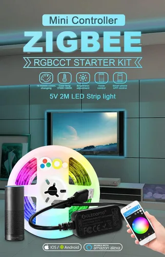 Vista 3 de GLEDOPTO Zigbee RGBCCT - Tira de luz LED USB de 6.6 ft, compatible con dispositivo Zigbee Zll Link, control de voz Amazon Alexa Echo, tira de luz