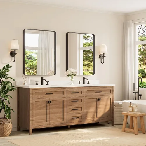 Vista 180 de TETOTE Espejo de marco dorado cepillado de 16 x 24 pulgadas, espejo de tocador de baño de latón dorado para pared, espejo enmarcado rectangular