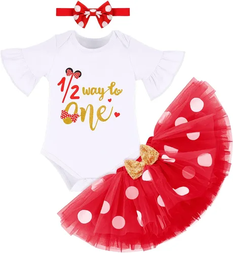Vista 3 de Ropa de medio cumpleaños para niñas con diseño de lunares, 12 forma a uno, falda tutú, orejas de ratón, diadema de princesa