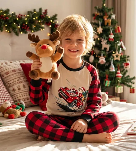 Vista 3 de HONGTEYA Conjunto de ropa de algodón de manga larga para niños y niñas 3-8T 1 coche de Navidad larga