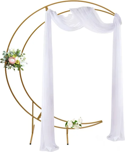 Vista 10 de Arco de boda dorado de luna creciente de 6.5 pies, diseño curvado de metal, soporte de telón de fondo para fotografía, marco de globo de flores