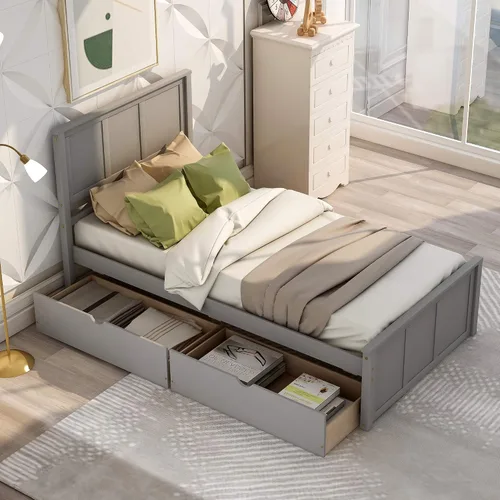Vista 13 de Harper & Bright Designs Cama individual con cajones, cama individual de plataforma para niños con almacenamiento, plataforma de madera maciza,