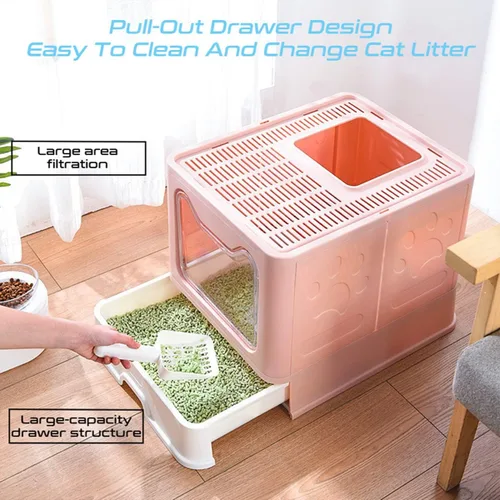 Vista 3 de Caja de arena para gatos, caja de arena plegable grande para gatos con tapa para gatos, estructura de cajón, inodoro y cuchara de arena para gatos