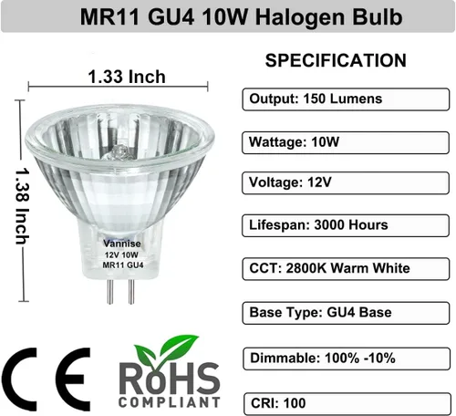 Vista 4 de MR11 - Bombilla halógena con base GU4 de 12V 10W, bombillas reflectoras FTD con cubierta de vidrio, bombilla de fibra óptica regulable 2800K blanco