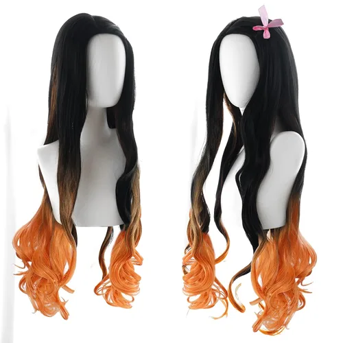 Vista 3 de Kamado Nezuko - Peluca de cosplay de Demon Slayer, fiesta de Halloween, anime Kimetsu sin personaje Yaiba, pelucas onduladas negras y naranjas