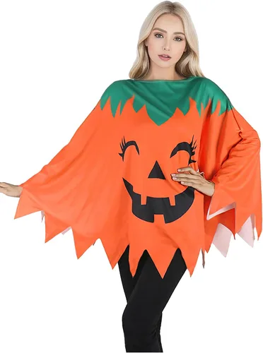 Vista 3 de Disfraz divertido de poncho de cara de calabaza para mujer