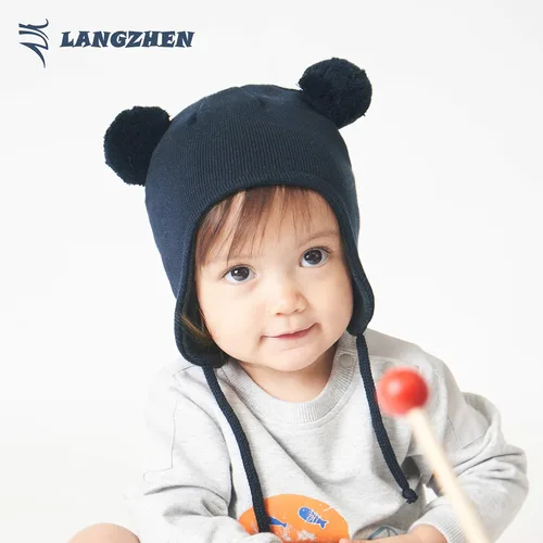 Vista 2 de LANGZHEN Lindo gorro de invierno con pompón para bebés, gorro de punto cálido para niños y niñas pequeños con forro polar