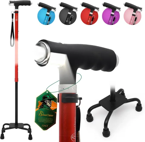Vista 9 de Bastón BeneCane de cuatro puntas con dos luces LED con base grande, mango en T y ligereza, bastón ajustable para caminar de cuatro puntas resistente