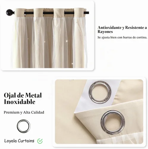 Vista 4 de Loyala Cortinas opacas de doble capa con diseño de estrellas para dormitorio de niños, bonitas, 63 pulgadas de largo, juego de 2 paneles, beige, 42