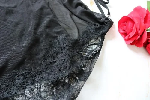 Vista 4 de Lencería de talla grande para mujer, lencería sexy, conjunto de ropa de dormir de encaje, camisón negro