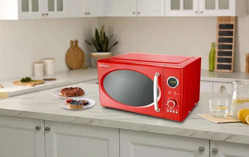 Vista 9 de Emerson MWRG0901RD - Microondas retro de 0.9 pies cúbicos con función de parrilla de 1,000W, potencia de cocción de 800W, pantalla LED, 5 niveles
