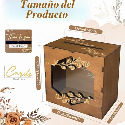 Vista 3 de Caja de tarjetas de boda marrón OurWarm con ventana de acrílico, caja de tarjetas de regalo de madera para decoraciones de recepción de boda, caja