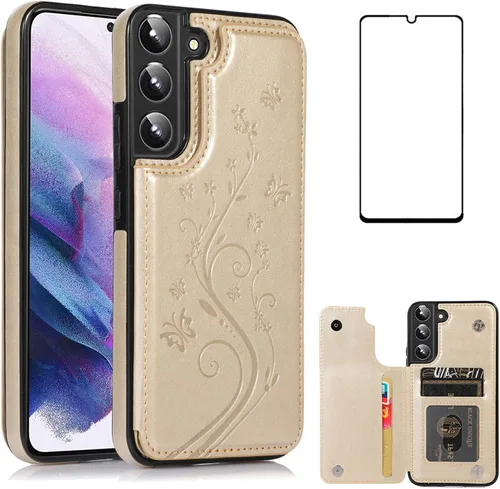 Vista 11 de Asuwish Glaxay S22 - Funda para Samsung Galaxy S22 5G con protector de pantalla de vidrio templado, soporte de cuero con tarjetero, doble cierre