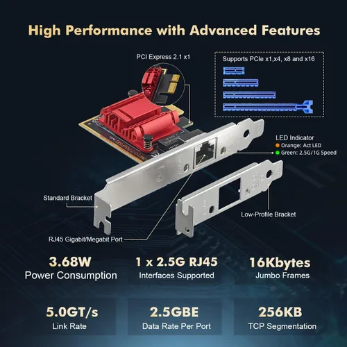 Vista 4 de Adaptador de red PCIe 2.5G, RTL8125B 2500/1000/100Mbps Binardat Ethernet Card RJ45 LAN Controller Support PXE para Windows/Linux/Mac