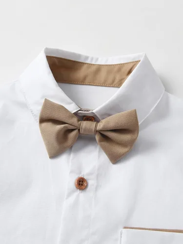 Vista 33 de Conjunto de pantalones para bebé, camisa de manga larga + pantalones + corbatín + tirantes, trajes de caballero para niños pequeños