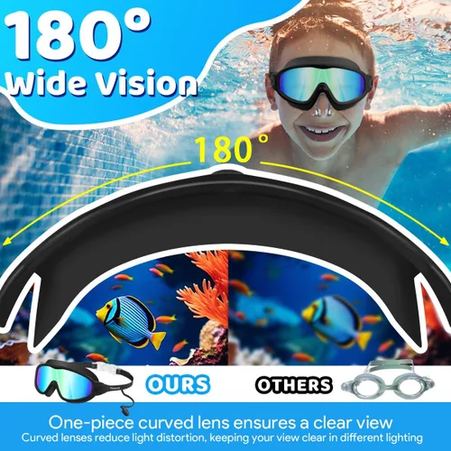 Vista 5 de Vvinca Gafas de natación para niños, con tapones para los oídos y clip para la nariz, visión amplia, antivaho y UV, para niños y niñas de 3 a 15 años