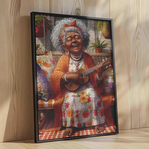 Vista 4 de Rompecabezas de 1000 piezas de anciana afroamericana para adultos, abuela tocando la guitarra, rompecabezas para actividades familiares desafiantes