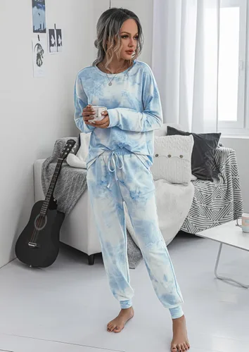 Vista 44 de Prettygarden - Conjunto de pijama de dos piezas para mujer, diseño de teñido anudado, sudadera informal de manga larga con pantalones largos, ropa
