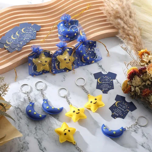 Vista 5 de Huquary 150 piezas de regalos de fiesta de baby shower, luna estrella, llaveros Twinkle Twinkle Little Star Baby Shower Favor, tarjetas