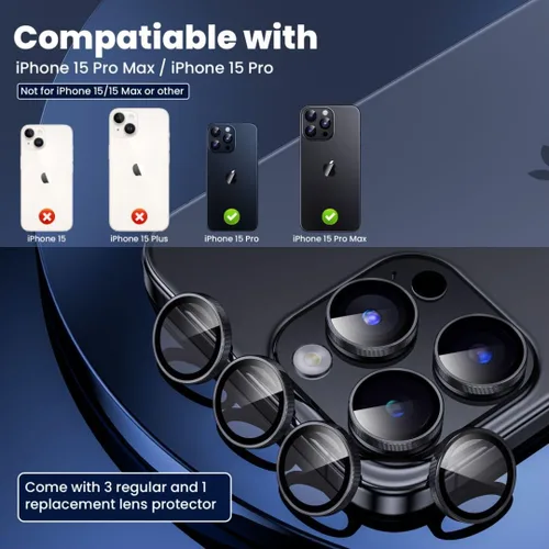Vista 2 de Hoerrye Protector de lente de cámara para iPhone 15 Pro y iPhone 15 Pro Max 3+1 unidad Protector de pantalla de vidrio Ultra-HD compatible