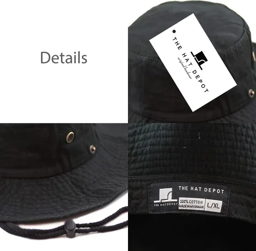 Vista 8 de The Hat Depot - Sombrero de safari, de algodón lavado a la piedra, de ala ancha, plegable, doble cara y sombrero de pesca 2. algodón - negro