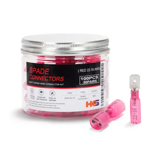 Vista 25 de HKS 100 conectores de pala hembra azul 16-14 AWG – Kit de conectores de cable de desconexión rápida eléctricos termorretráctiles – cobre rojo