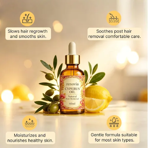 Vista 2 de Aceite Renovia Cyperus Rotundus, aceite natural para depilación para reducir la apariencia de vello corporal no deseado, hidratante y calmante