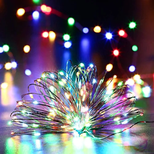 Vista 2 de iShabao Luces de Navidad multicolor para exteriores, 2 paquetes de 150 luces LED solares de Navidad de 49 pies, 8 modos de luces impermeables