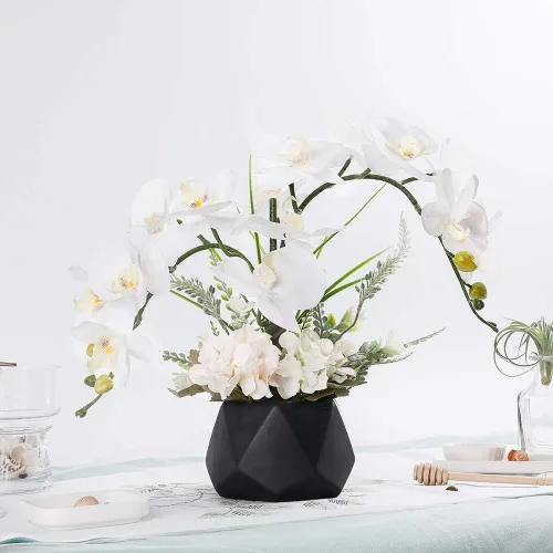 Vista 2 de LESING Artificial Potted Orchid Flower for Table Centerpieces,Real Touch White Fake Orchid Flowers in Vase for Home Decoration (Style 2,Black Vase)